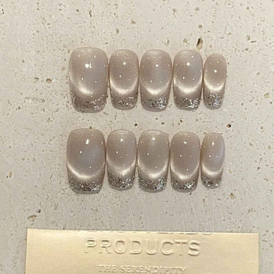 10pcs French Cat Eye Handmade Press on Nails Champagne Color Fake Nails False Nails Short Artificial Nail Накладные Ногти Uñas